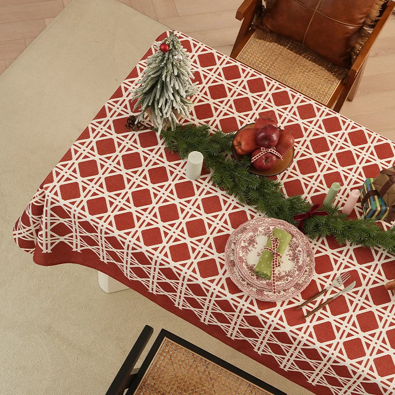 Rectangular festive tablecloth made of cotton blend fabric with geometric grid relief and stain-resistant surface Stornfield