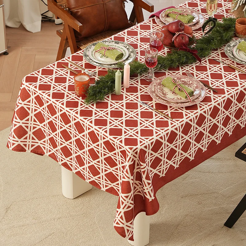 Rectangular festive tablecloth made of cotton blend fabric with geometric grid relief and stain-resistant surface Stornfield