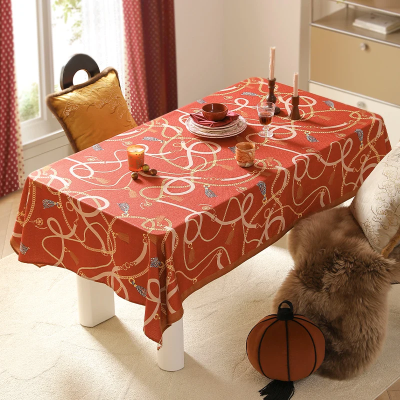 Rectangular decorative tablecloth with cord and tassel pattern as well as contrasted hem edge Stornfield