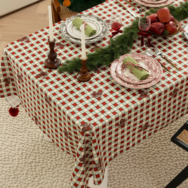 Rectangular decorative tablecloth with checkered pattern, pompom trim, and fine embroidered applique Stornfield