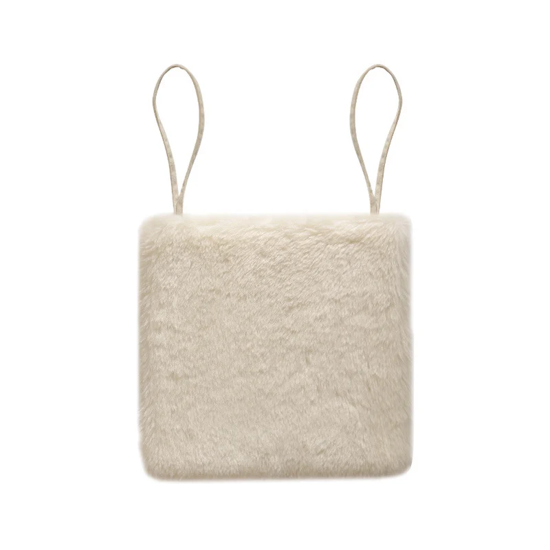 Square fluffy seat cushion with faux fur cover and attachment straps Stornfield