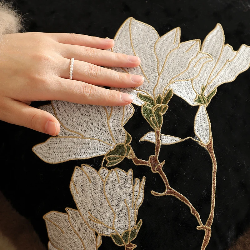 Square velvet decorative pillowcase with magnolia embroidery and faux fur trim Stornfield
