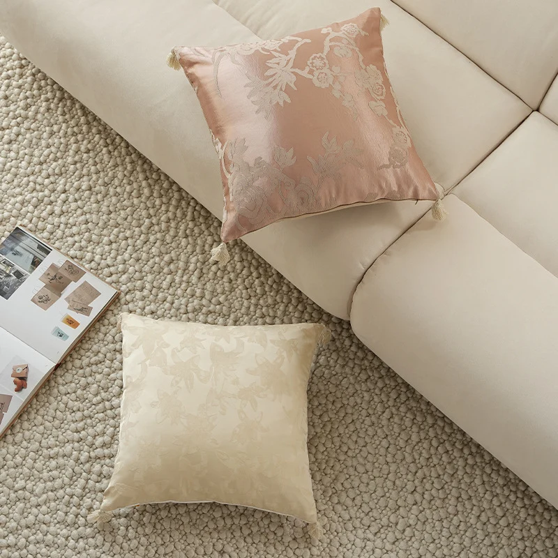 Square jacquard cushion cover made of satin with floral relief texture and tassels Stornfield