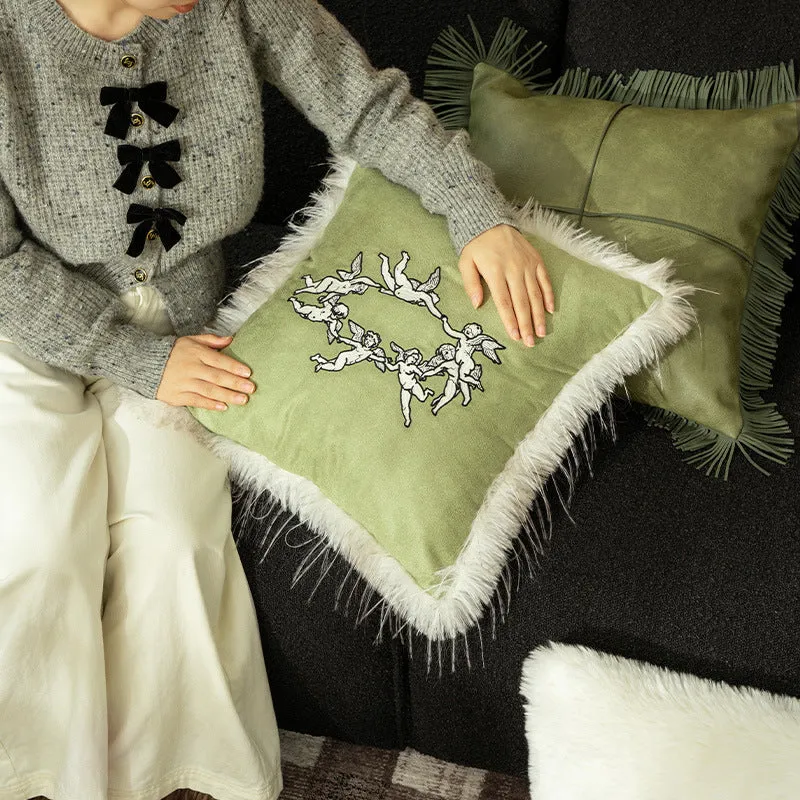 Square decorative velvet cushion cover with faux fur trim and cherub embroidery Stornfield