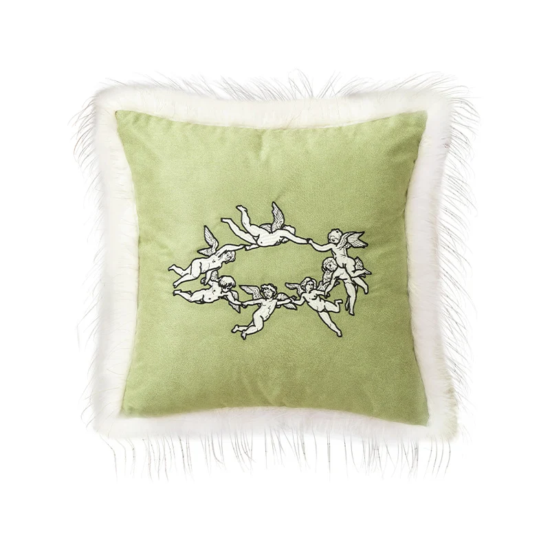 Square decorative velvet cushion cover with faux fur trim and cherub embroidery Stornfield