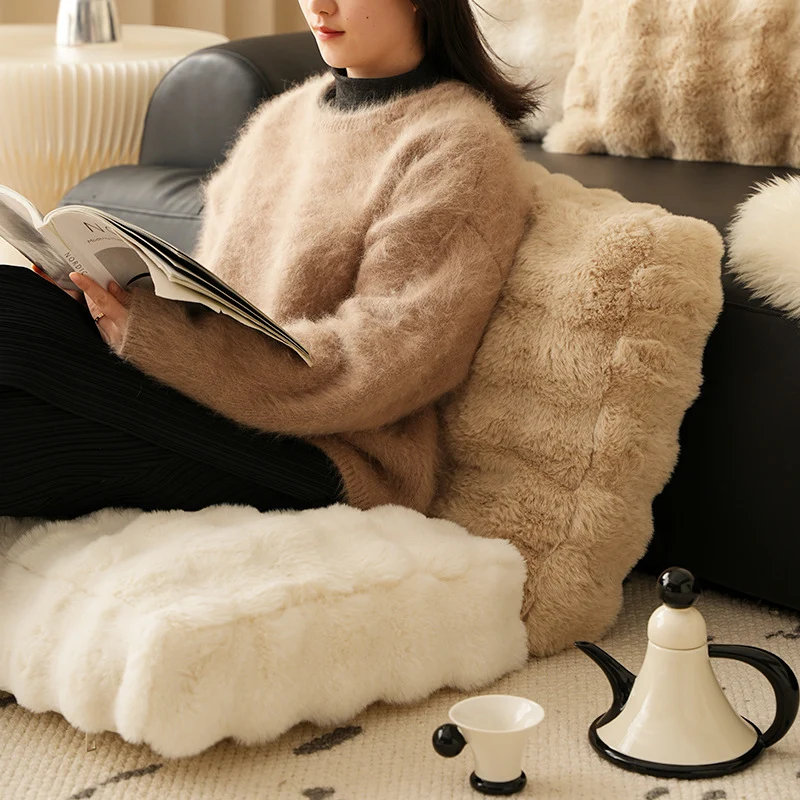 Fluffy square decorative cushion cover made of faux fur with ribbed relief Stornfield