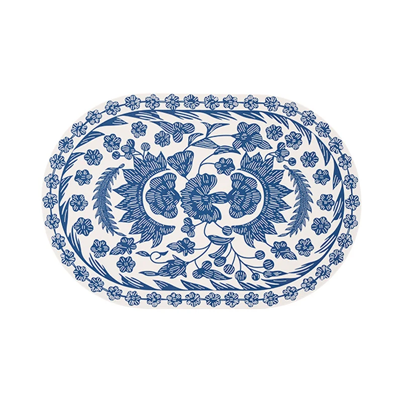 Oval wipeable table set made of vinyl with floral retro pattern and non-slip back Stornfield