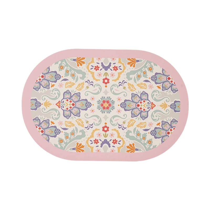 Oval wipeable table set made of vinyl with floral retro pattern and non-slip back Stornfield