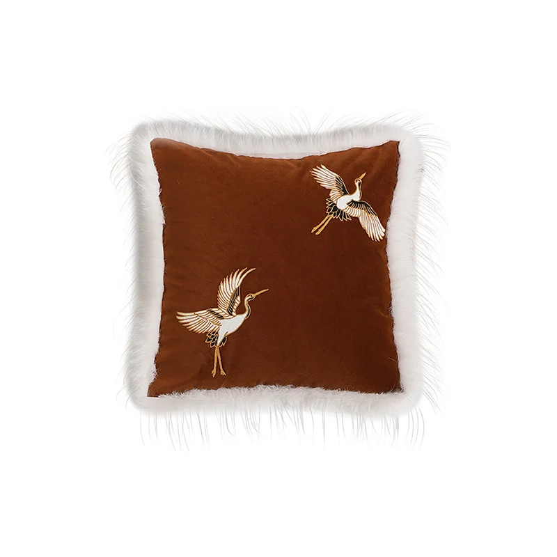 Luxurious embroidered satin pillowcase with art fur trim and crane motif Stornfield