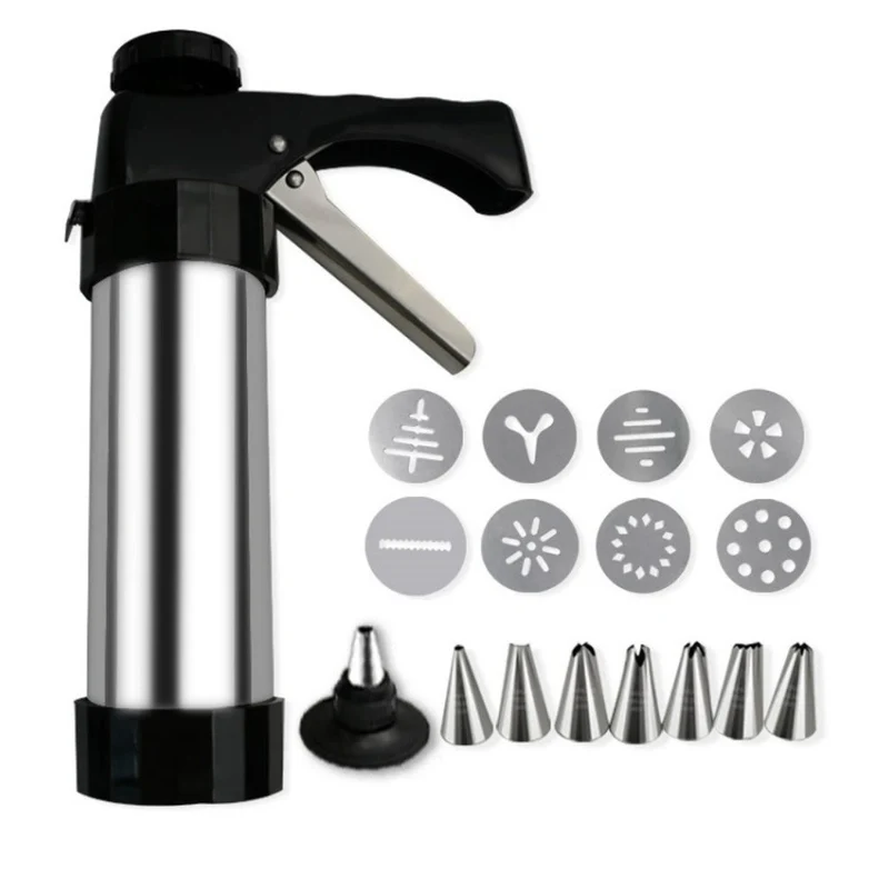 Trigger-Action Stainless Cookie Decorating Press and Icing Gun with Interchangeable Stainless Nozzles and Decorative Discs