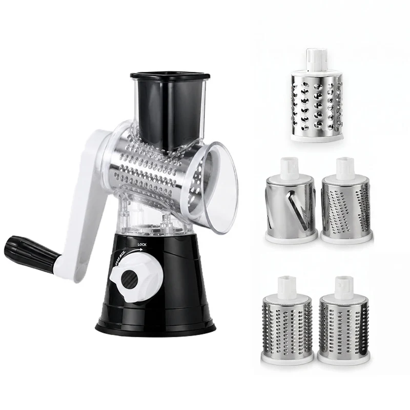 Manual Rotary Vegetable Grater with Multiple Interchangeable Stainless Steel Drum Blades and Suction Base