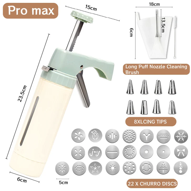 Handheld Cookie Press and Churro Maker with Assorted Piping Discs and Stainless Nozzles