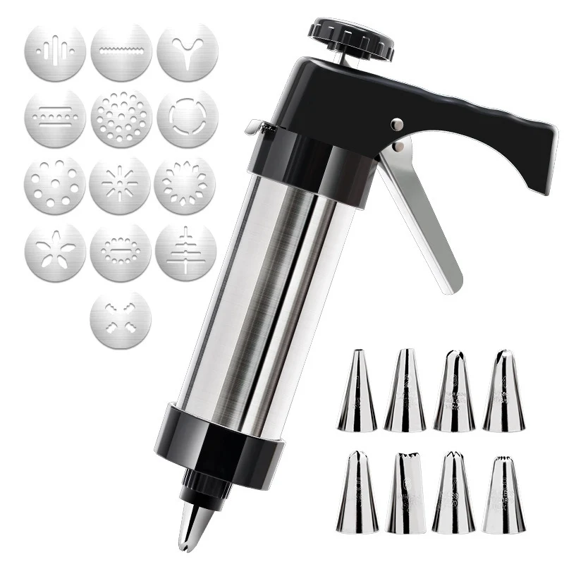 Cookie Press & Decorating Gun with Stainless Steel Cylinder Twelve Pattern Discs and Nine Icing Nozzles