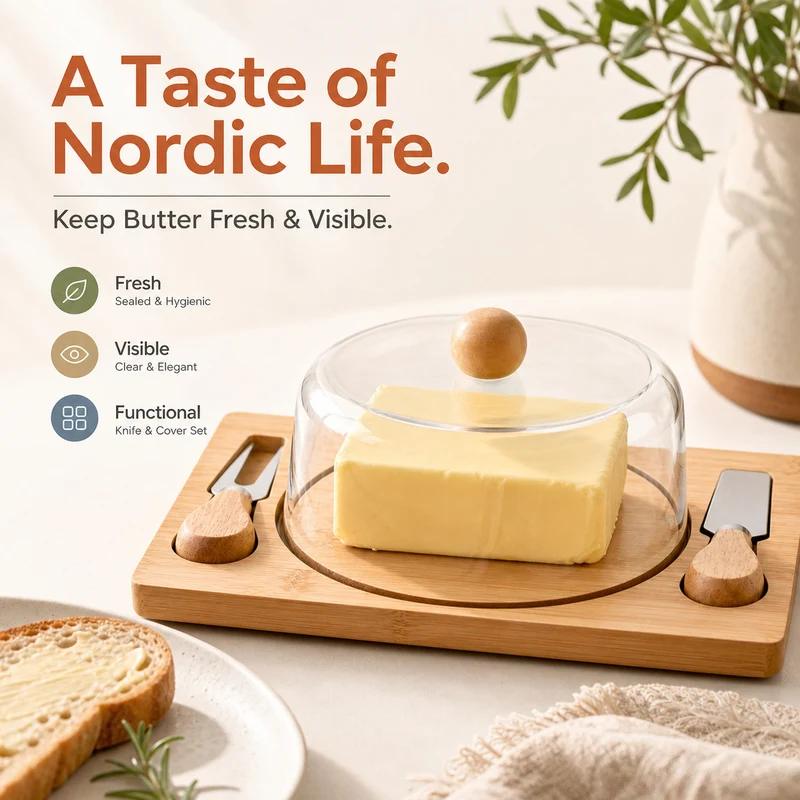 Bamboo Butter Dish with Glass Dome and Stainless Steel Spreaders