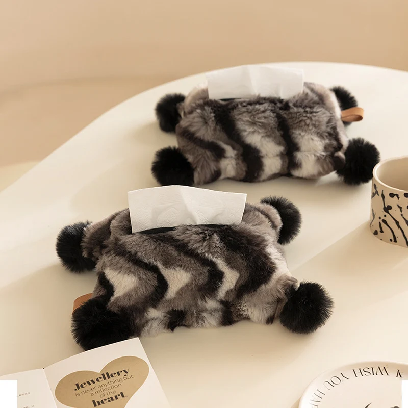 Cozy tissue box cover made of artificial fur with pom-pom application Stornfield