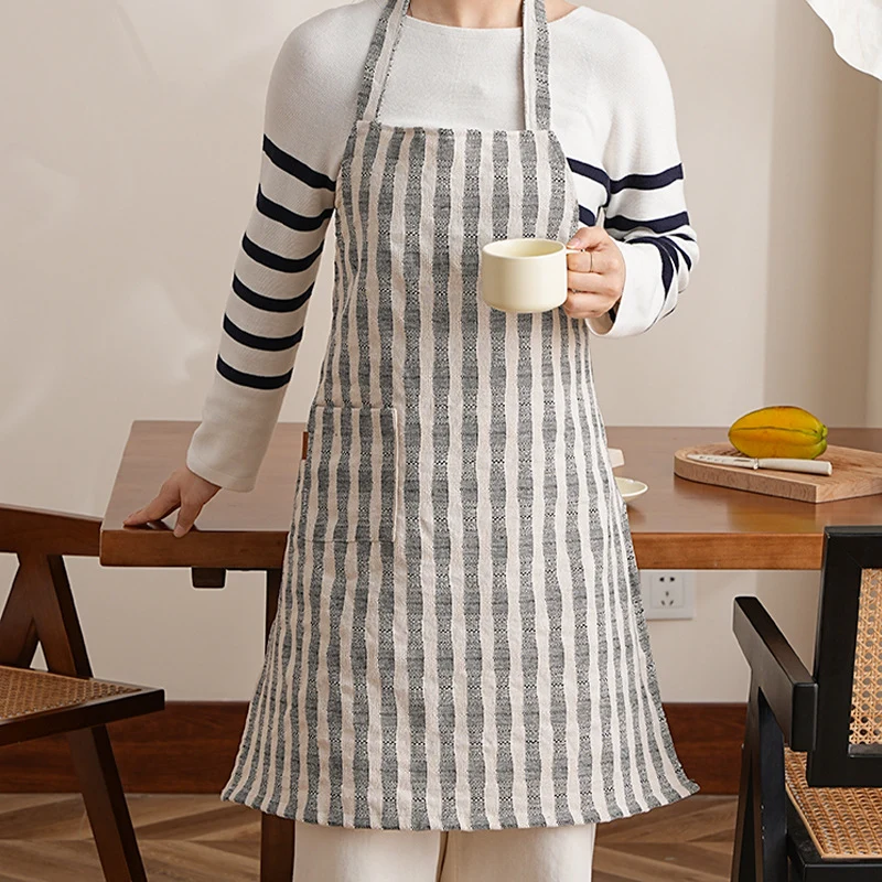 Linen-cotton blend kitchen apron with striped pattern and front pocket Stornfield