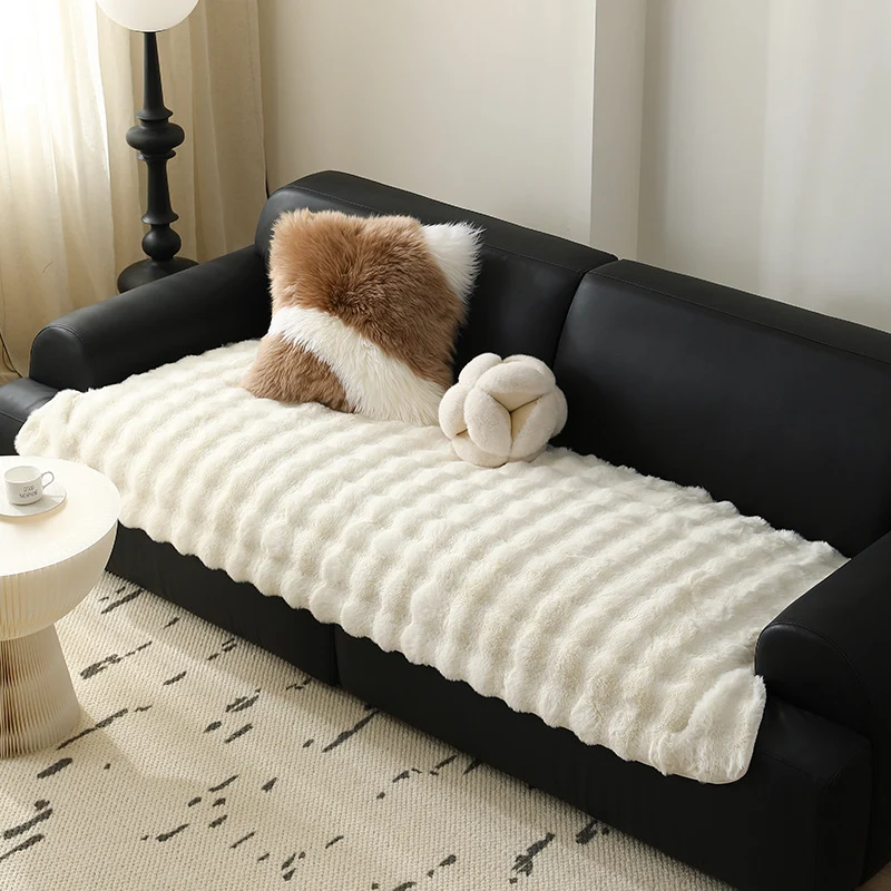 High-pile sofa cover set made of faux fur with seat, back and armrest covers Stornfield