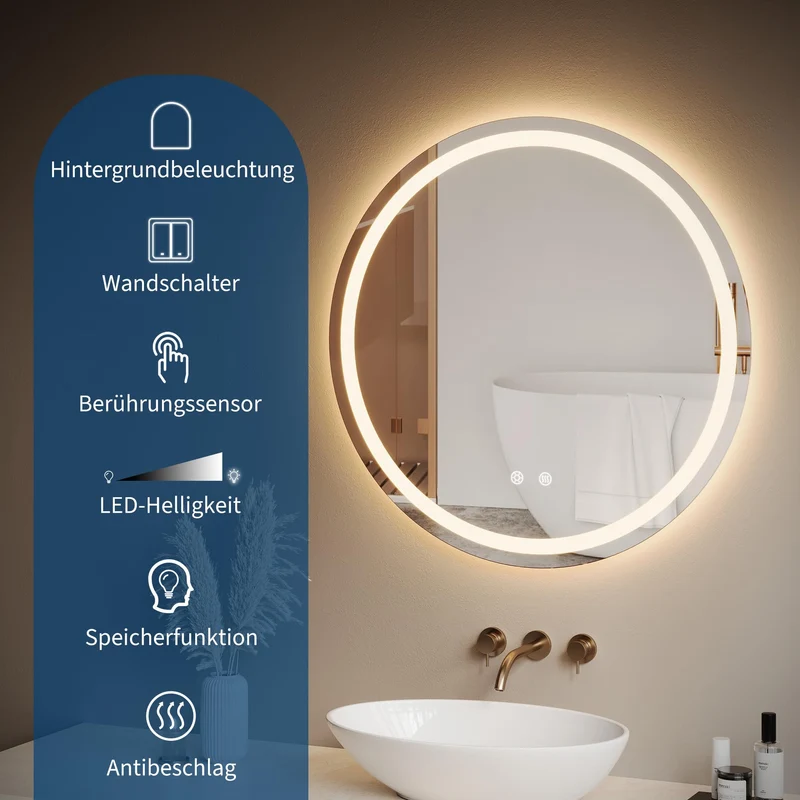 Specchio per il trucco illuminato Garvee, specchio da bagno rotondo da 50 cm con luce, specchio a LED con interruttore touch e vetro antideflagrante, specchio da bagno dimmerabile e antiappannamento con illuminazione