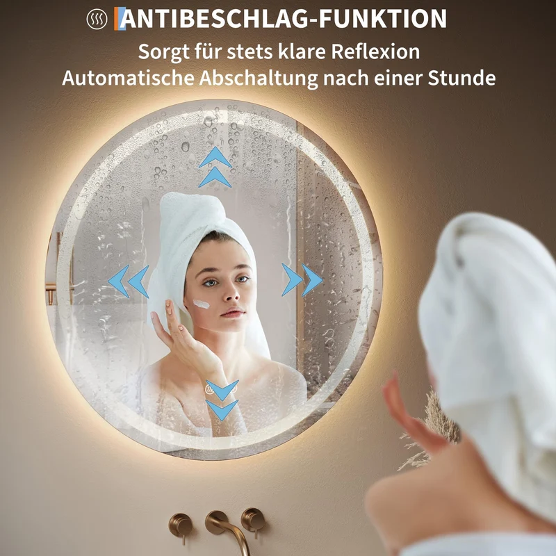 Specchio per il trucco illuminato Garvee, specchio da bagno rotondo da 50 cm con luce, specchio a LED con interruttore touch e vetro antideflagrante, specchio da bagno dimmerabile e antiappannamento con illuminazione