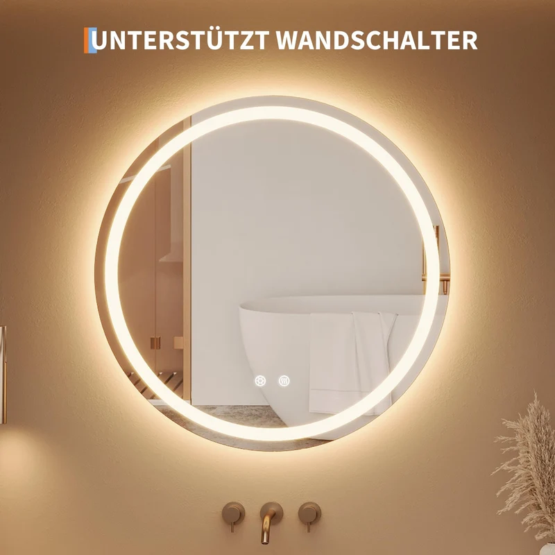 Specchio per il trucco illuminato Garvee, specchio da bagno rotondo da 50 cm con luce, specchio a LED con interruttore touch e vetro antideflagrante, specchio da bagno dimmerabile e antiappannamento con illuminazione