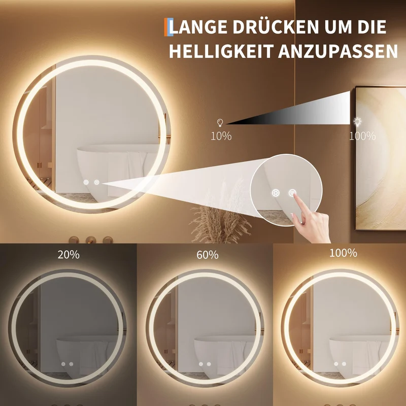 Specchio per il trucco illuminato Garvee, specchio da bagno rotondo da 60 cm con luce, specchio a LED con interruttore touch e vetro antideflagrante, specchio da bagno dimmerabile e antiappannamento con illuminazione