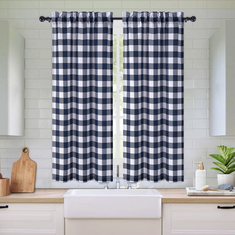 GARVEE Tende da cucina impermeabili con motivo a quadri Buffalo, 2 pannelli, 28x45 pollici, blu navy, per cucina e soggiorno