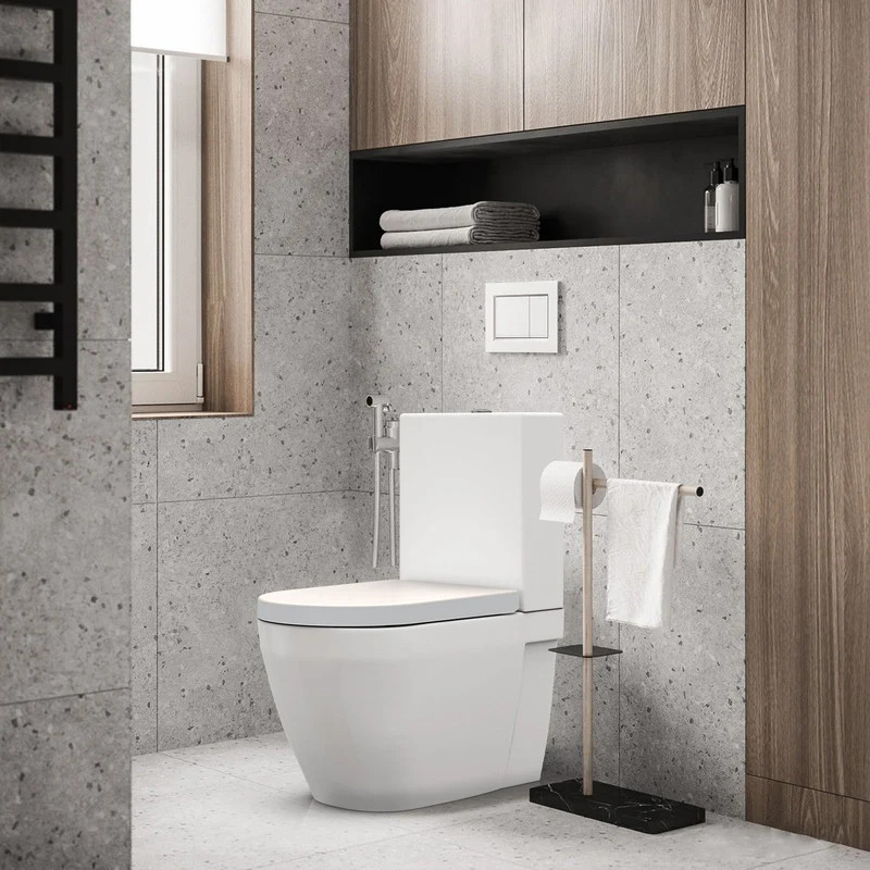 Sedile WC GARVEE con meccanismo di chiusura ammortizzata, forma a D, bianco, Duroplast e acciaio inossidabile, chiusura a sgancio rapido, facile da pulire