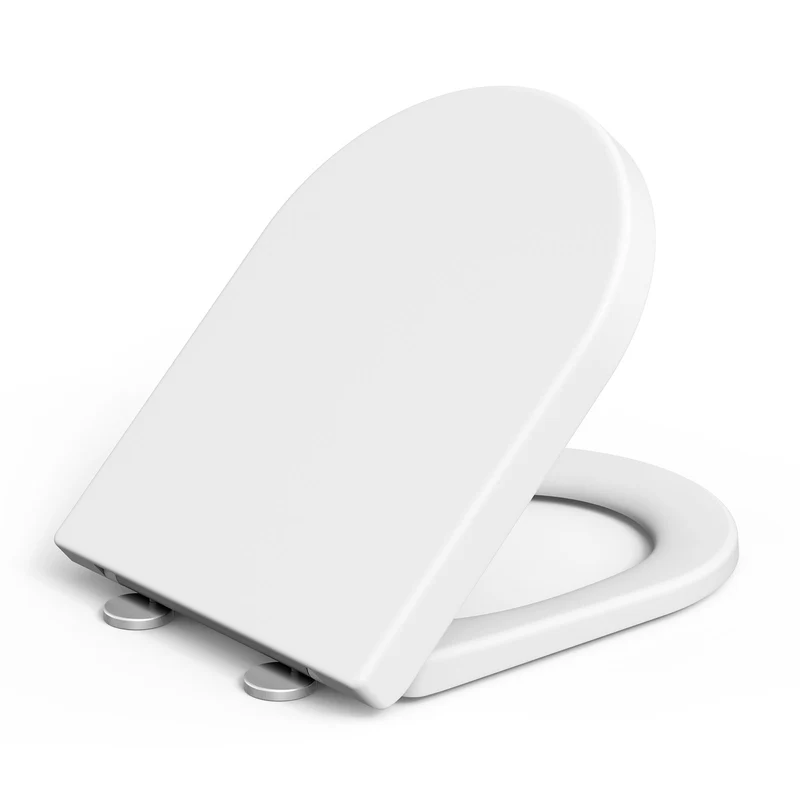 Sedile WC GARVEE con meccanismo di chiusura ammortizzata, forma a D, bianco, Duroplast e acciaio inossidabile, chiusura a sgancio rapido, facile da pulire