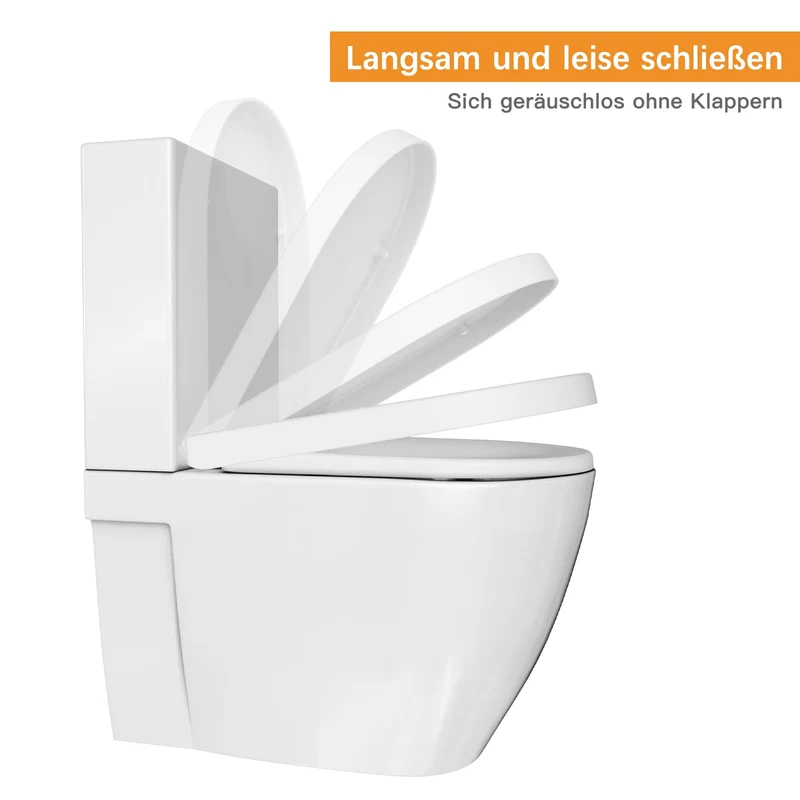 Sedile WC GARVEE con meccanismo di chiusura ammortizzata, forma a D, bianco, Duroplast e acciaio inossidabile, chiusura a sgancio rapido, facile da pulire
