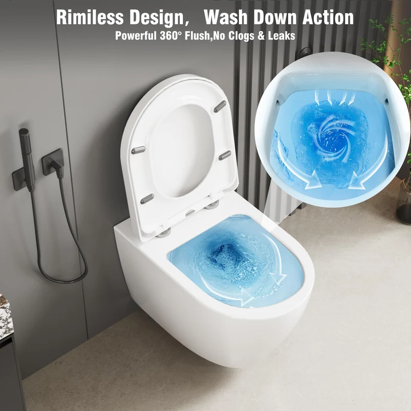 GARVEE WC Sospeso Senza Bordi Wc Sospeso Ceramica Forma D 55,5 cm Bianco Coperchio Automatico
