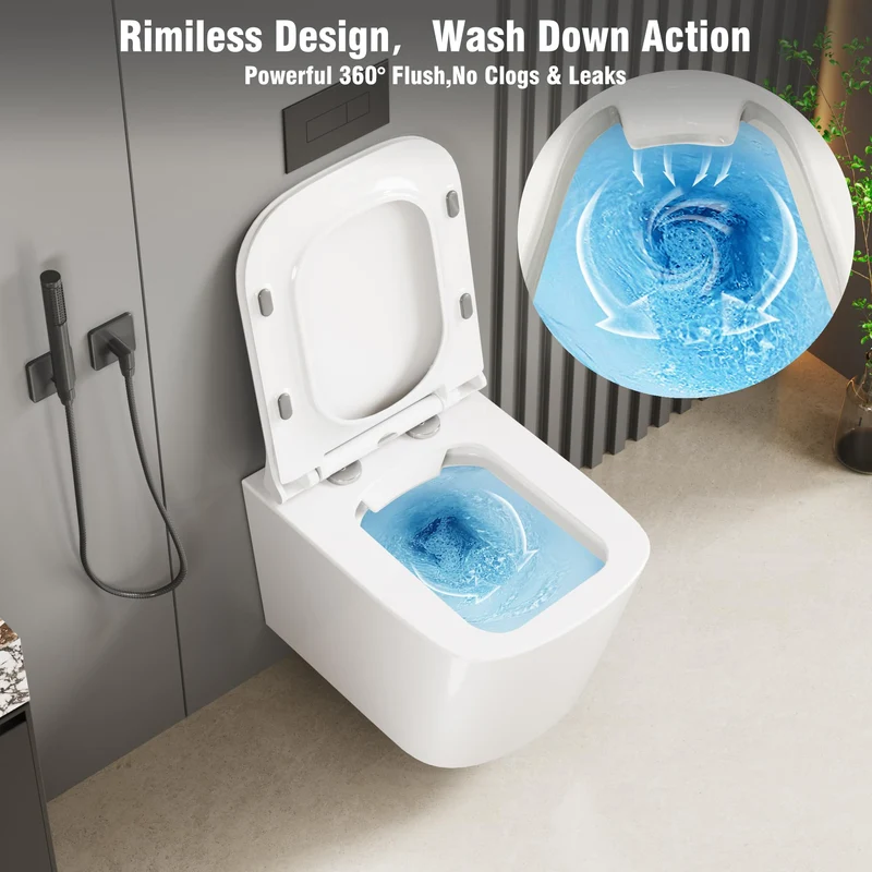 Sedile WC sospeso in ceramica GARVEE, a forma di U, 51 cm, bianco, con meccanismo di chiusura ammortizzata, per bagni moderni