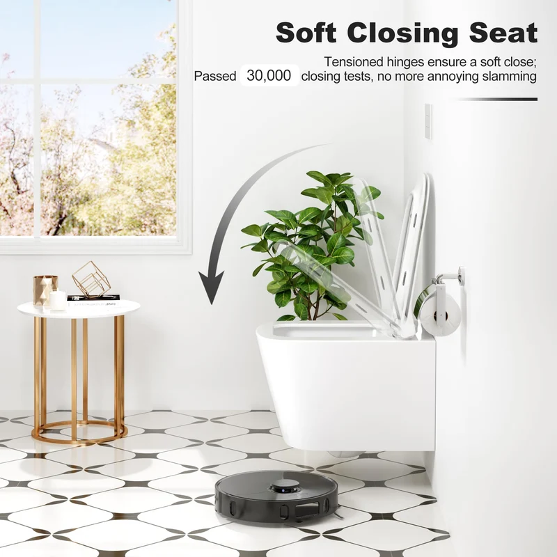 Sedile WC sospeso in ceramica GARVEE, a forma di U, 51 cm, bianco, con meccanismo di chiusura ammortizzata, per bagni moderni