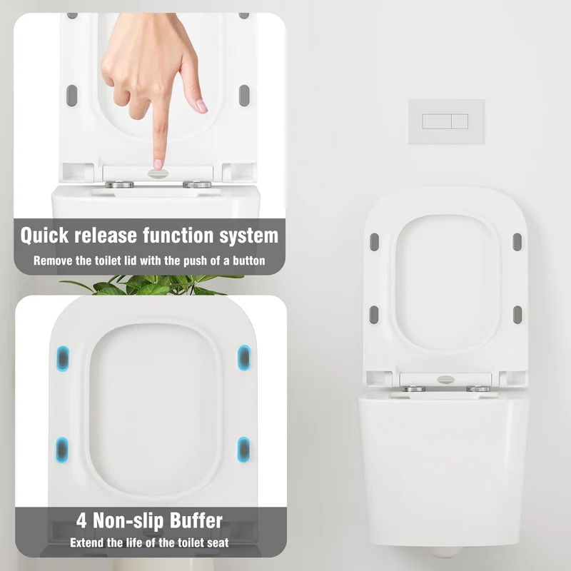 Sedile WC sospeso in ceramica GARVEE, a forma di U, 51 cm, bianco, con meccanismo di chiusura ammortizzata, per bagni moderni
