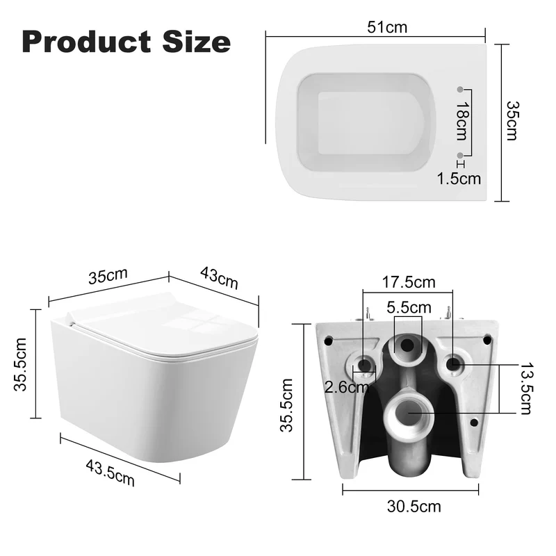 Sedile WC sospeso in ceramica GARVEE, a forma di U, 51 cm, bianco, con meccanismo di chiusura ammortizzata, per bagni moderni