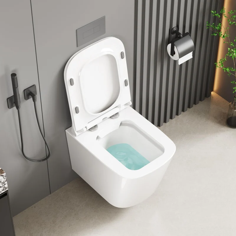 Sedile WC sospeso in ceramica GARVEE, a forma di U, 51 cm, bianco, con meccanismo di chiusura ammortizzata, per bagni moderni