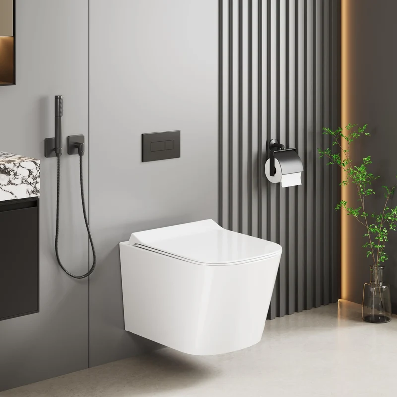 Sedile WC sospeso in ceramica GARVEE, a forma di U, 51 cm, bianco, con meccanismo di chiusura ammortizzata, per bagni moderni