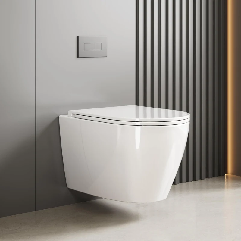 GARVEE WC Sospeso Senza Bordi Wc sospeso in ceramica, forma a D, 55,5 cm, bianco, con coperchio automatico, per bagni moderni