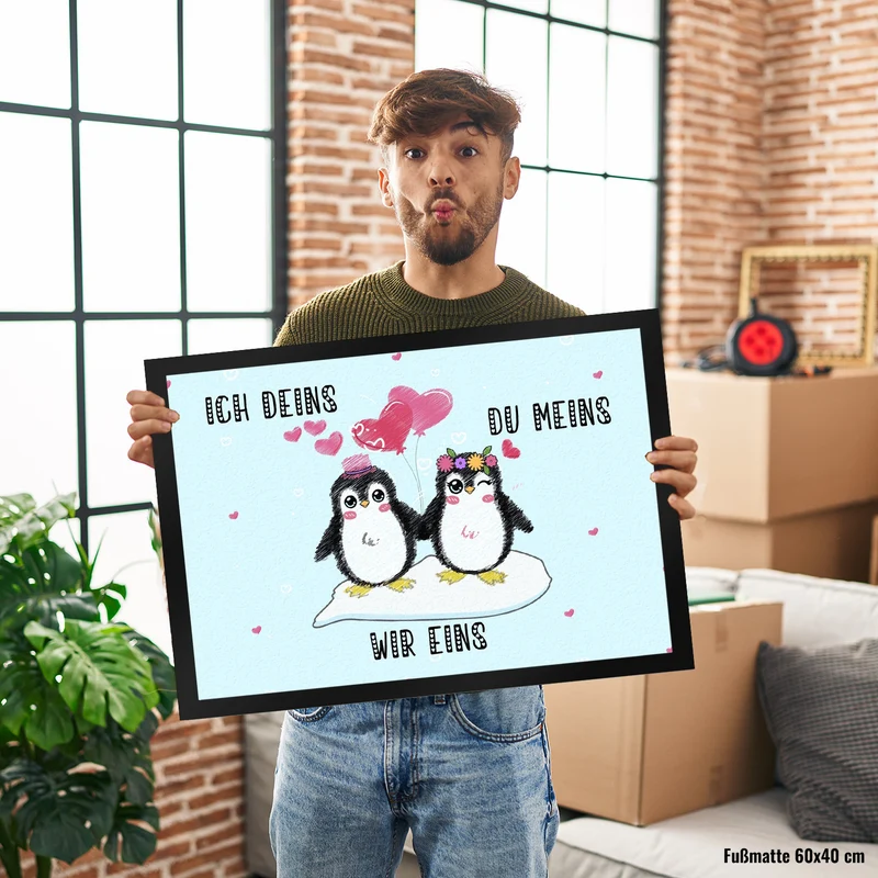Pinguin Pärchen Fußmatte in 35x50 cm mit Spruch