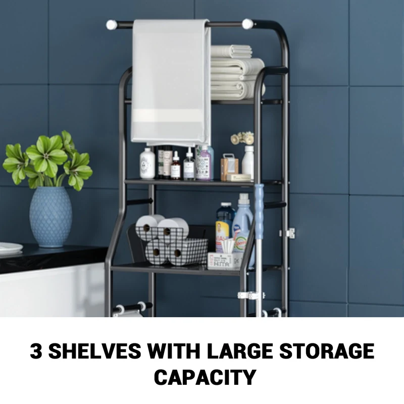 Mensola per WC Garvee, mensola multifunzionale per bagno a 3 livelli, mensola sopra il WC con cestini portaoggetti, mensola salvaspazio per WC, facile da montare, 47 x 25 x 160 cm, nero