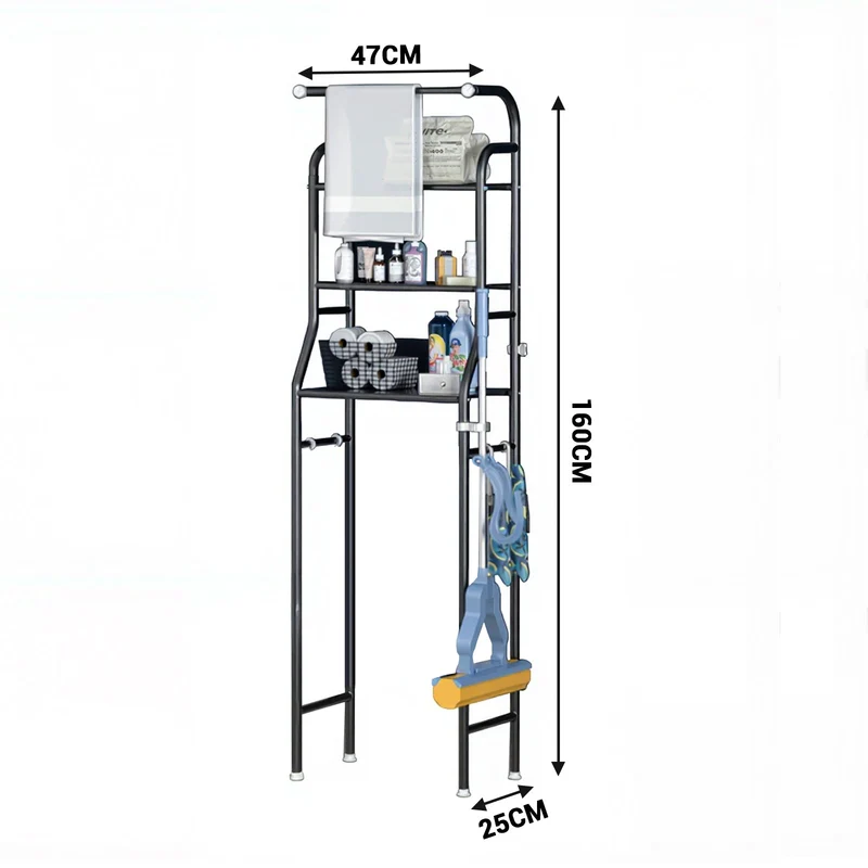 Mensola per WC Garvee, mensola multifunzionale per bagno a 3 livelli, mensola sopra il WC con cestini portaoggetti, mensola salvaspazio per WC, facile da montare, 47 x 25 x 160 cm, nero