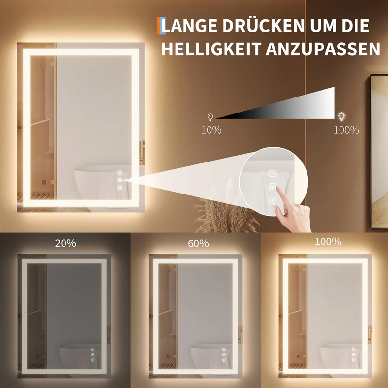Specchio da bagno Garvee con luce, specchio illuminato 60 x 80 cm, antiappannamento + 3 colori di luce + specchio da bagno a LED dimmerabile, specchio da parete a LED per bagno con interruttore touch
