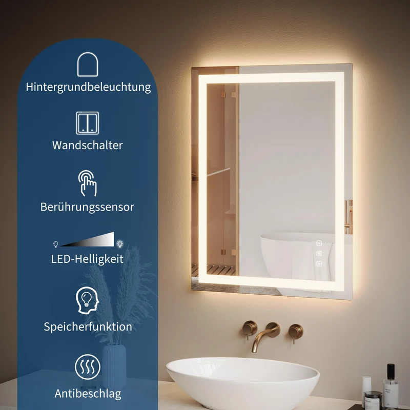 Specchio da bagno Garvee con luce, specchio illuminato 60 x 80 cm, antiappannamento + 3 colori di luce + specchio da bagno a LED dimmerabile, specchio da parete a LED per bagno con interruttore touch