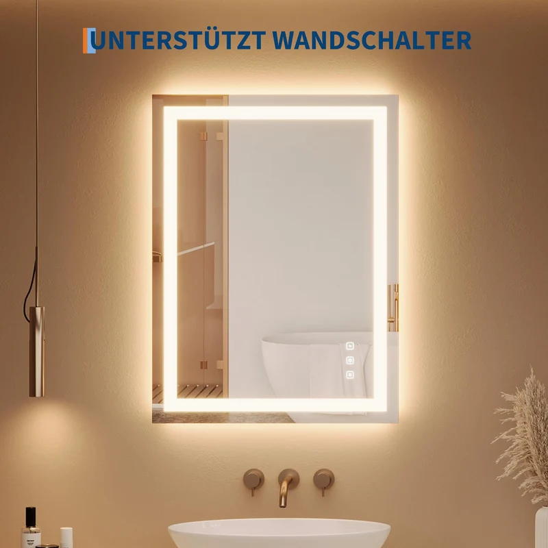 Specchio da bagno Garvee con luce, specchio illuminato 60 x 80 cm, antiappannamento + 3 colori di luce + specchio da bagno a LED dimmerabile, specchio da parete a LED per bagno con interruttore touch