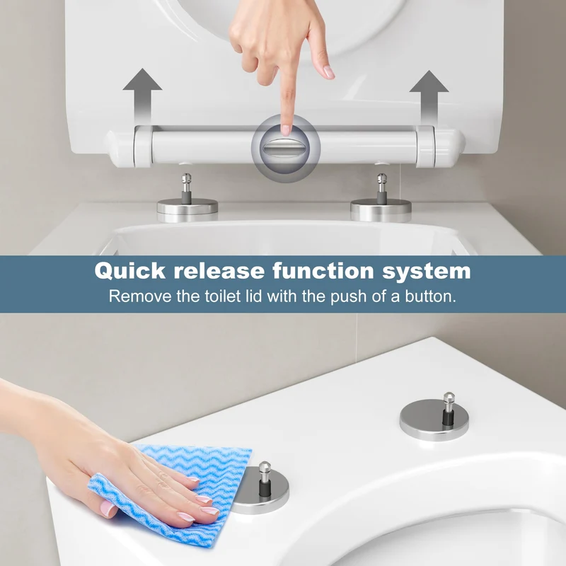 Sedile WC Garvee con meccanismo di abbassamento automatico, sedile WC con funzione di sgancio rapido e cerniere regolabili, sedile WC in UF-Duroplast, forma a D, bianco
