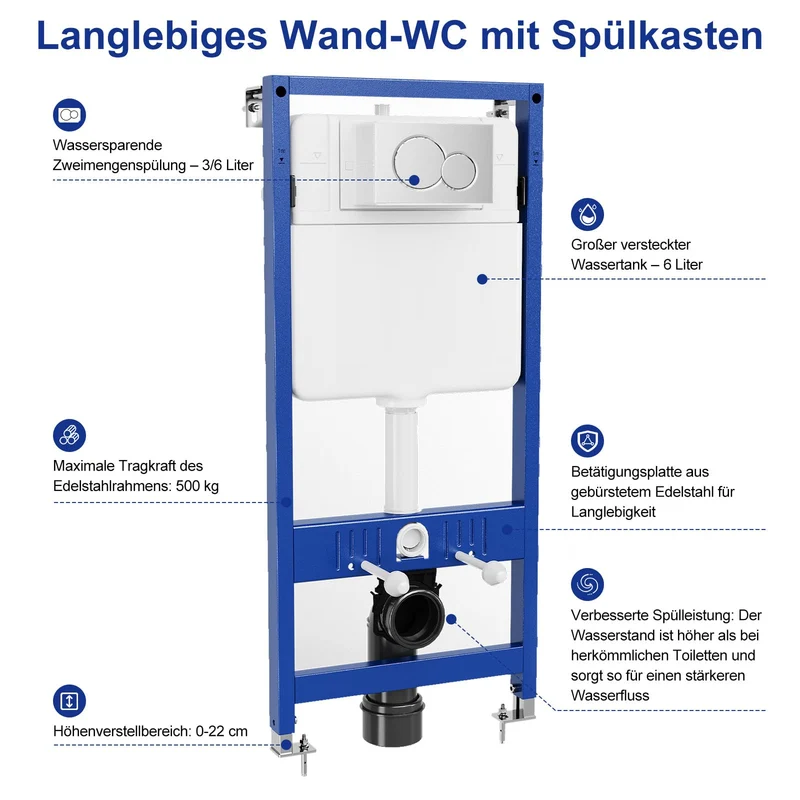 Telaio per WC sospeso Garvee da 112 cm, cassetta di scarico nascosta, set completo, installazione in acciaio bianco
