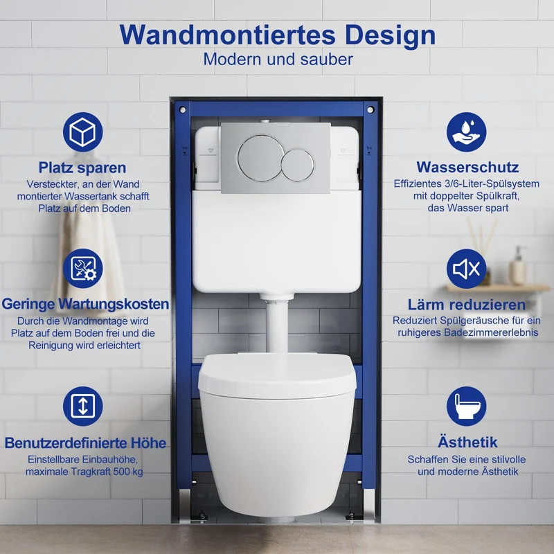 Telaio per WC sospeso Garvee da 112 cm, cassetta di scarico nascosta, set completo, installazione in acciaio bianco