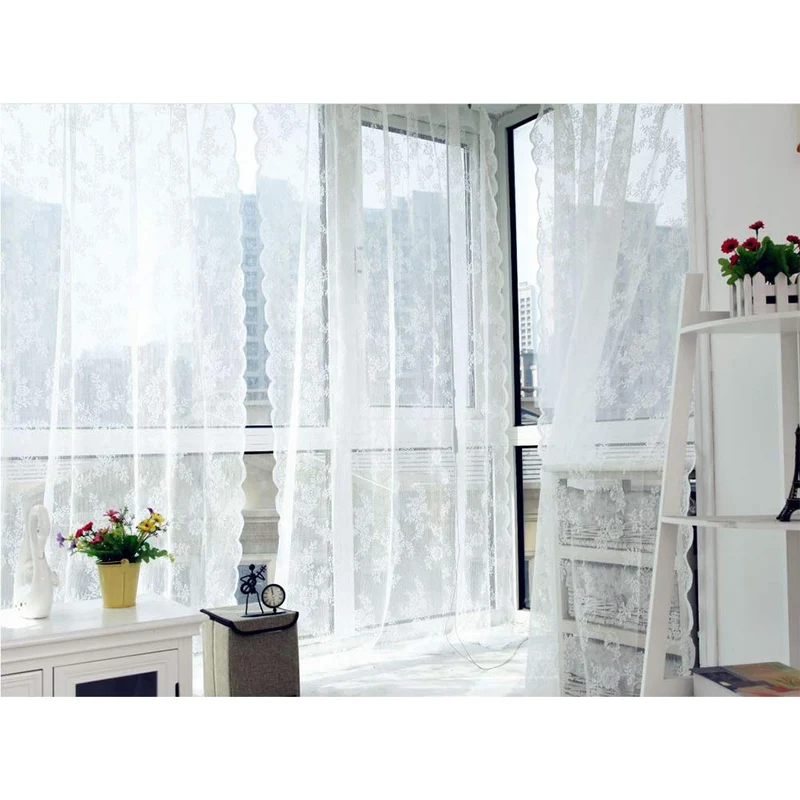 Tenda in pizzo floreale Garvee in voile jacquard semitrasparente per camera da letto e soggiorno, 145x150 cm, crema