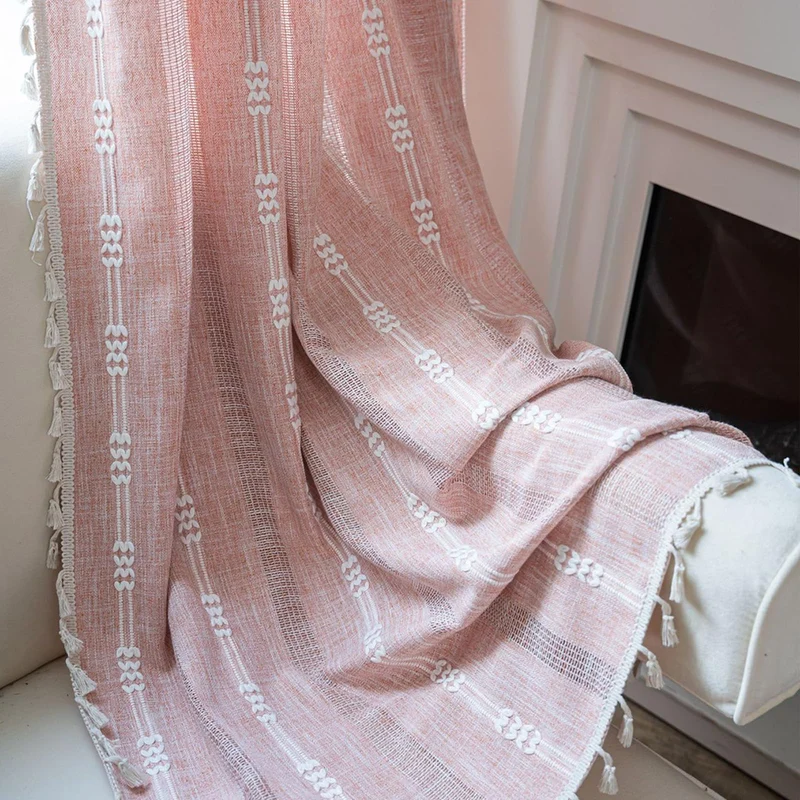 Tende trasparenti ricamate in stile bohémien Garvee con nappe per soggiorno e camera da letto, larghe 140 cm, lunghe 244 cm, color arancione-rosa