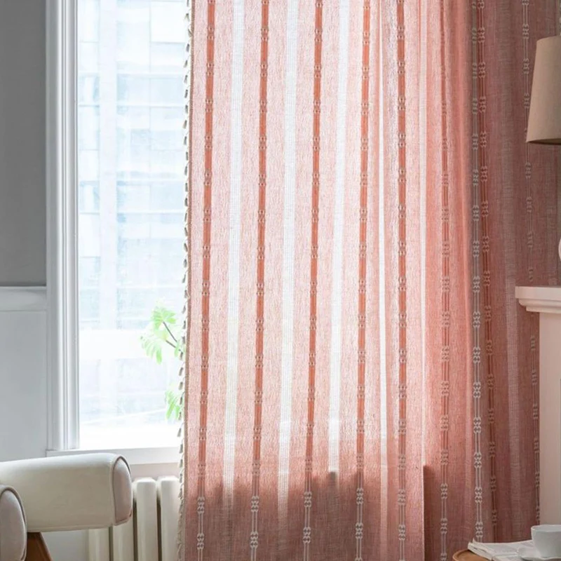 Tende trasparenti ricamate in stile bohémien Garvee con nappe per soggiorno e camera da letto, larghe 140 cm, lunghe 244 cm, color arancione-rosa