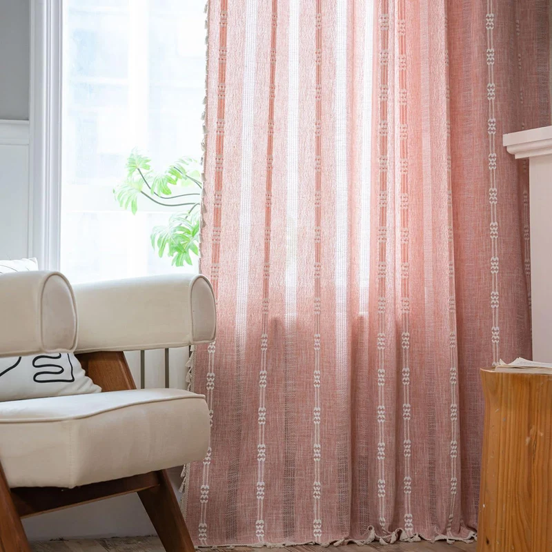 Tende trasparenti ricamate in stile bohémien Garvee con nappe per soggiorno e camera da letto, larghe 140 cm, lunghe 244 cm, color arancione-rosa